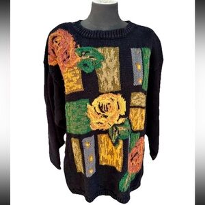 August Max Women black floral‎ embroidered pull over crew neck sweater SZ 1X Y2K